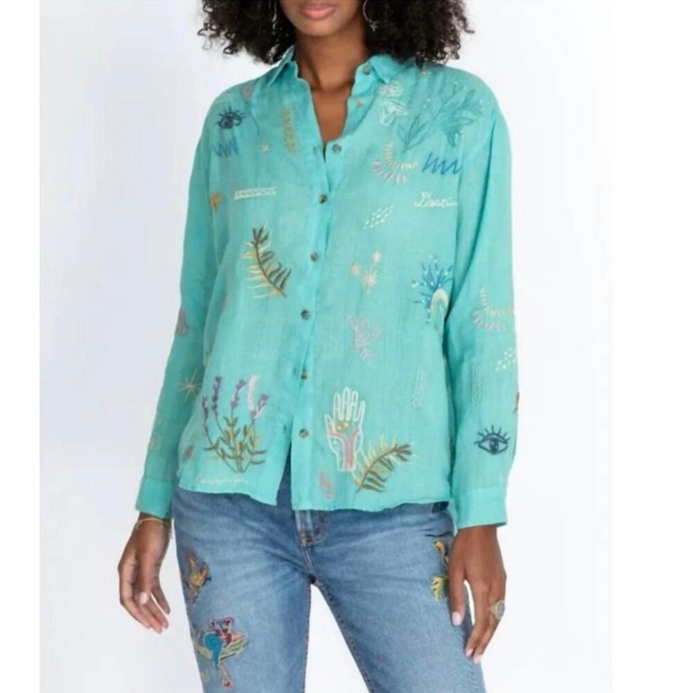 Johnny Was Embroidered Long Sleeve Button Down Shirt